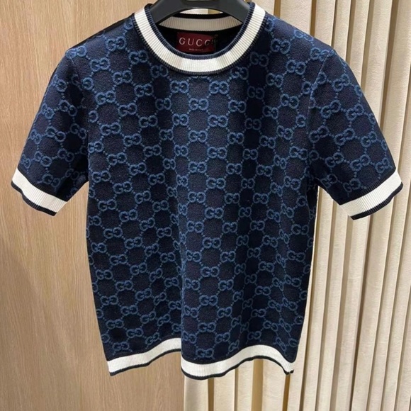 New Gucci 2025 GG Logo Monogram Fine Cotton Jacquard Top in Navy L - Picture 1 of 9